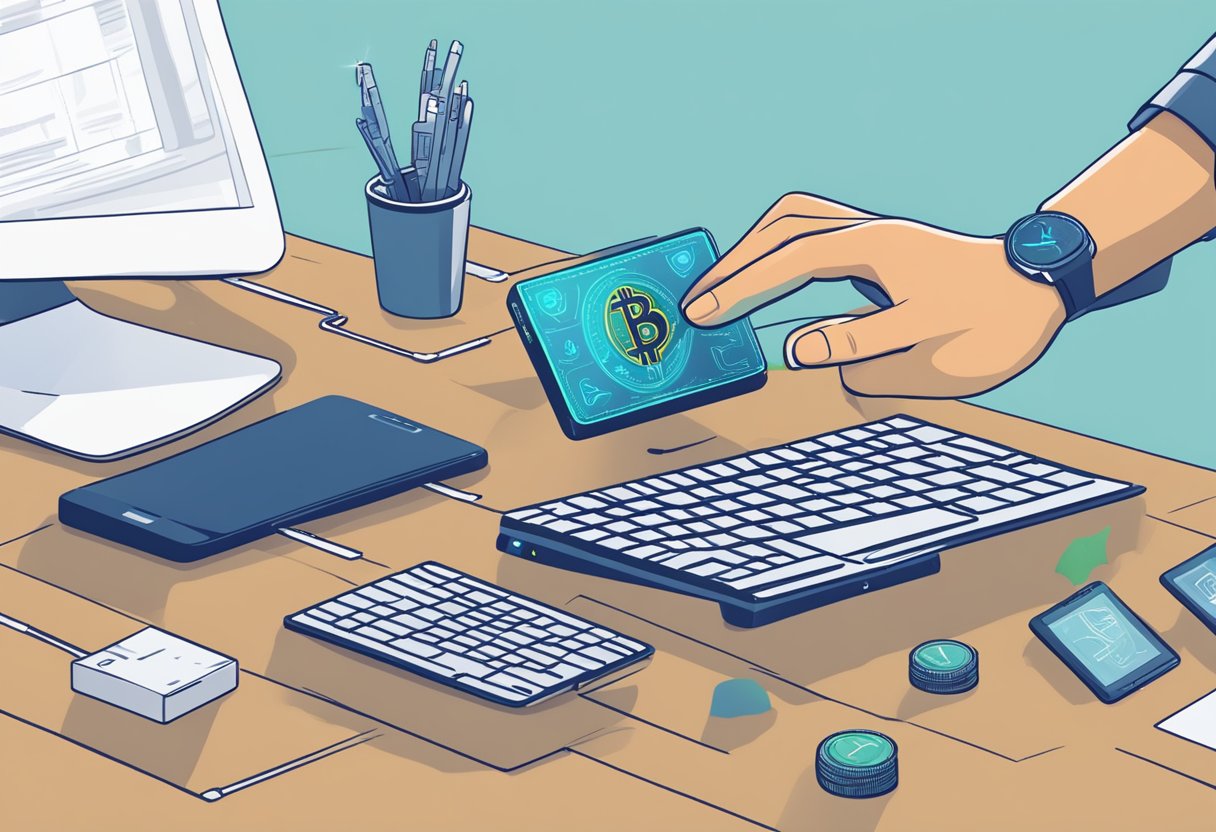 A hand reaches for a sleek hardware wallet on a desk, surrounded by various cryptocurrency symbols and a computer screen displaying user-friendly interface
