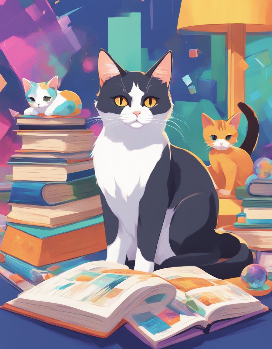 A sleek, modern cat lounges in front of a vibrant abstract painting, surrounded by smaller cat figurines and a book titled "Feline Art Critiques."