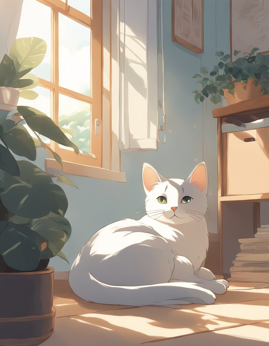 A serene cat sits in a sunlit room, eyes closed, and paws resting on a cushion.</p><p>The atmosphere is peaceful, with soft colors and minimal distractions