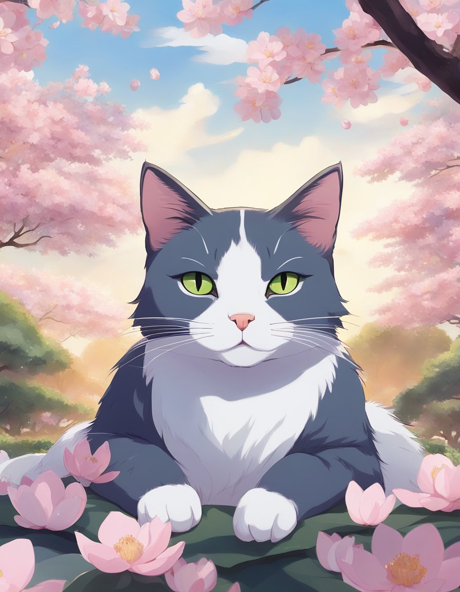 A serene cat sits in lotus position, eyes closed, surrounded by floating cherry blossoms and a gentle breeze.</p><p>The cat exudes calm and peace