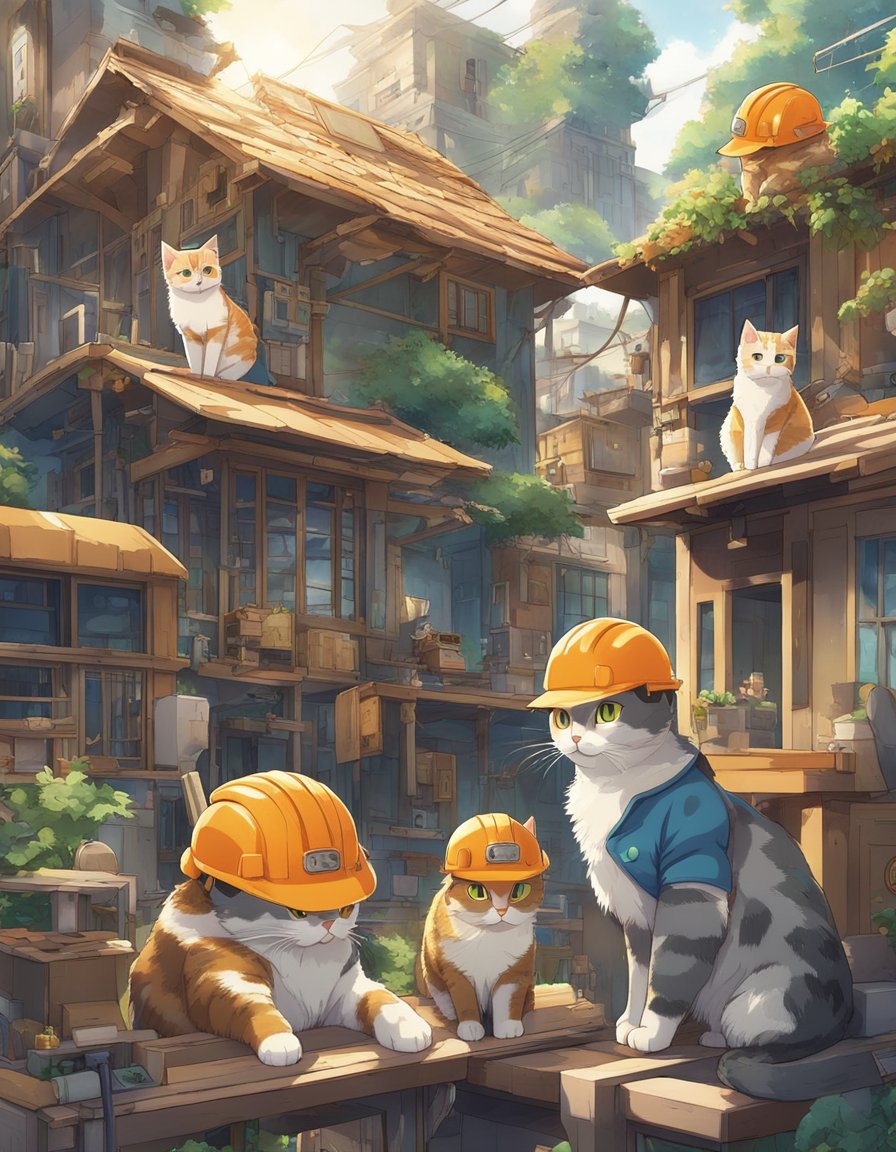 A group of cats in hard hats and tool belts construct elaborate, whimsical homes using various building materials and architectural plans