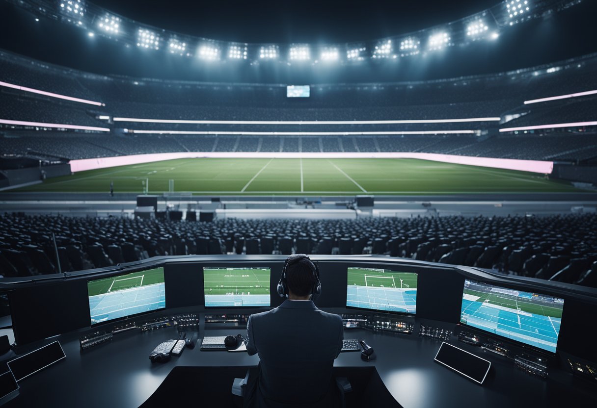 A futuristic stadium with high-tech cameras and monitors capturing and analyzing football plays in real-time. The VAR technology is seamlessly integrated into the game, enhancing fairness and accuracy