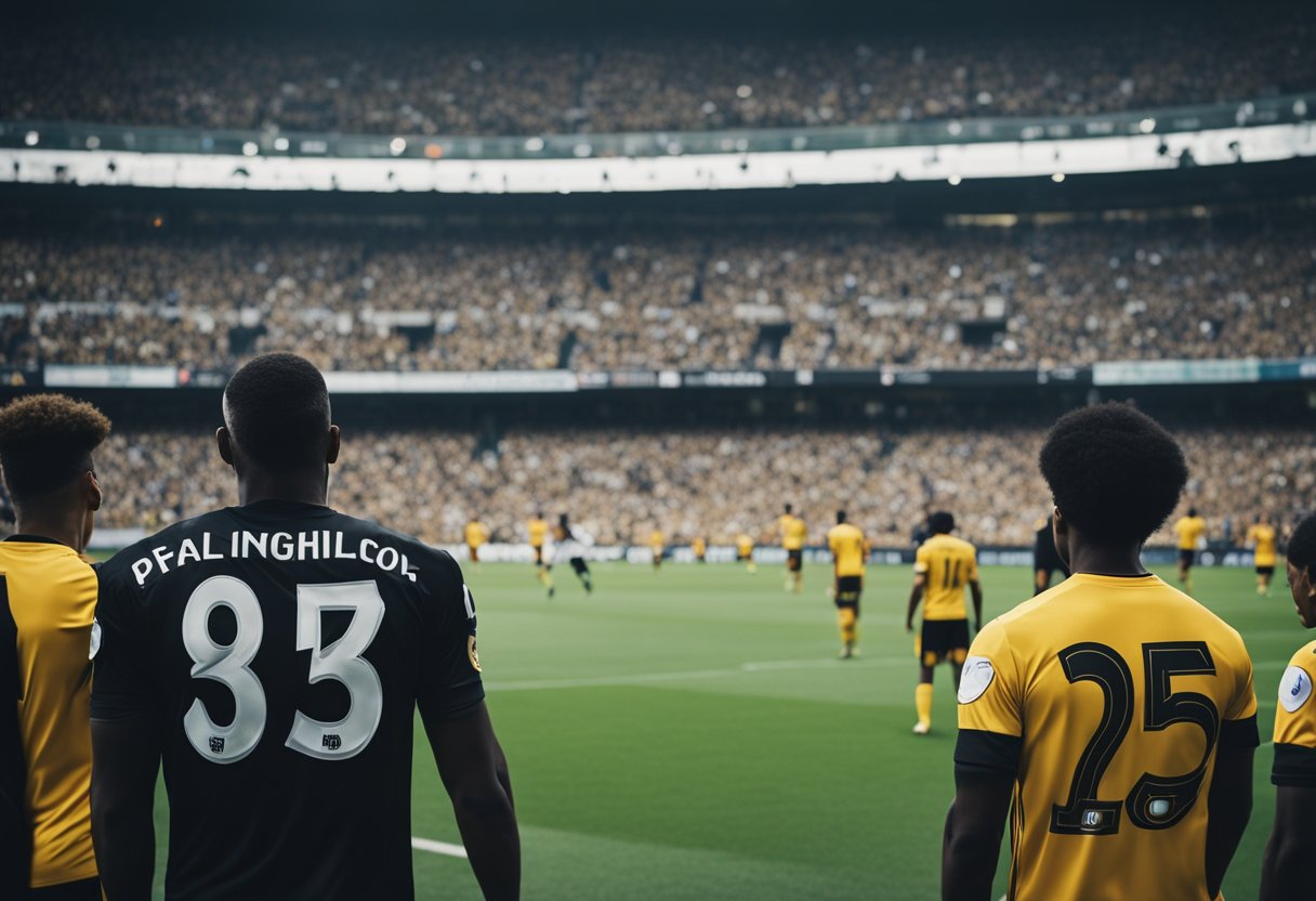 Players standing united against racism, with a backdrop of a football stadium and fans