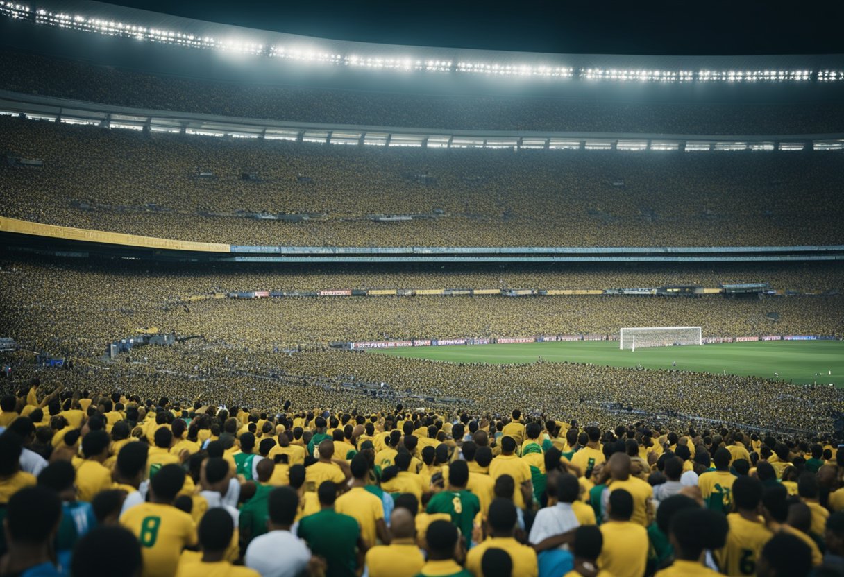 A crowded stadium with divided fans, media coverage, and racist chants during a Brazilian football match