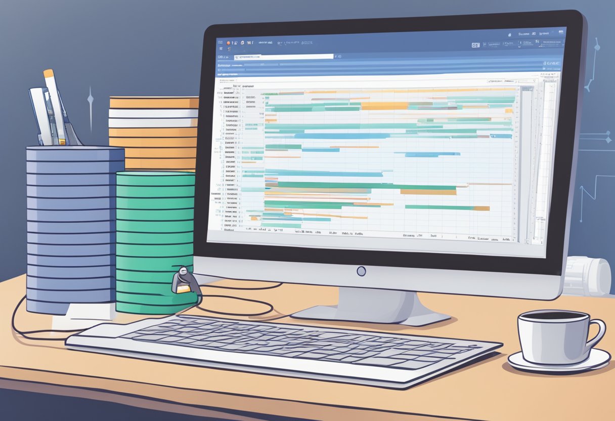 SQL queries being written on a computer screen with a database schema in the background