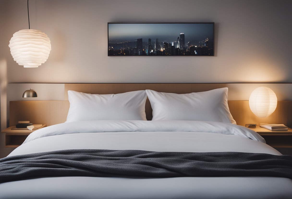 A neatly made bed with crisp white sheets, a fluffy duvet, and perfectly plumped pillows. A bedside table with a sleek lamp and a neatly folded throw blanket at the foot of the bed