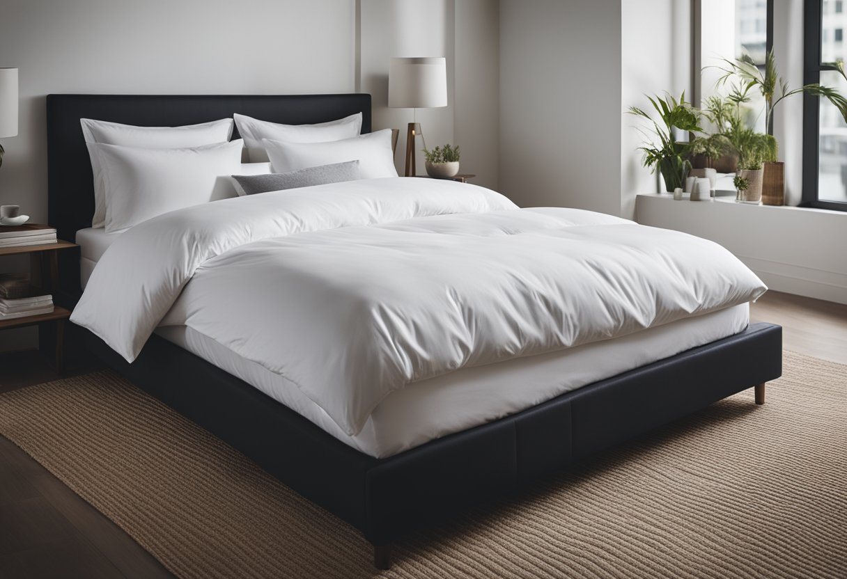 A neatly made bed with crisp white sheets, perfectly tucked in at the corners, plump pillows, and a smooth duvet folded at the foot