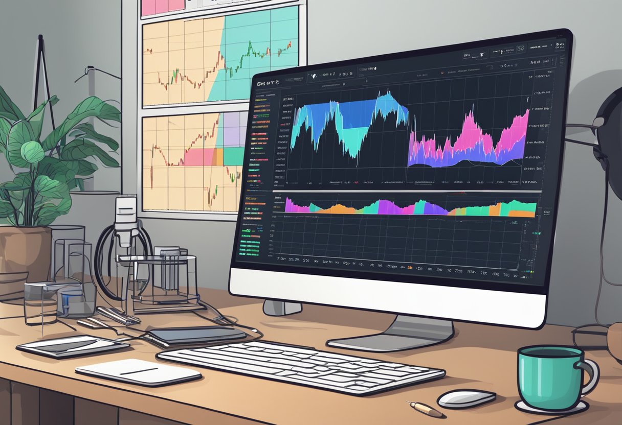 A computer screen displaying cryptocurrency charts and graphs with technical analysis tools