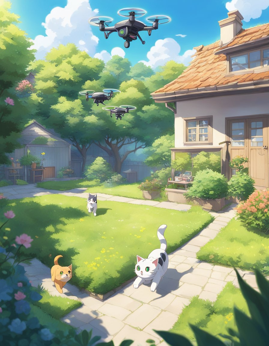 Cats chasing drones in a sunny backyard