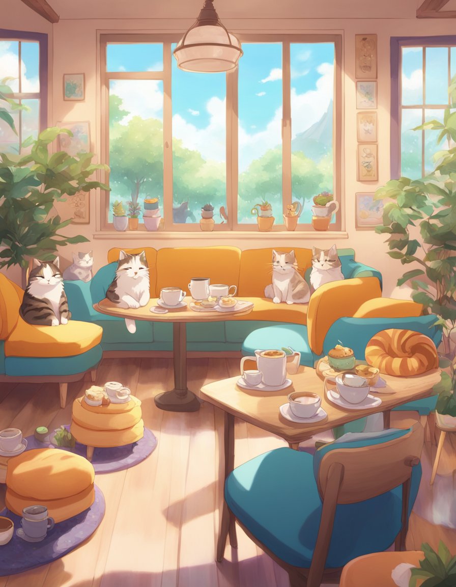 In the cozy cat café, a table is set with a variety of colorful pastries and steaming cups of coffee.</p><p>The room is filled with the sound of contented purring as cats lounge around the space