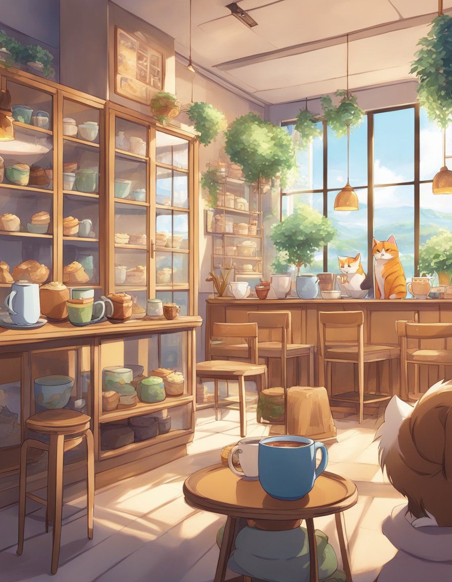 A cozy cat café with steaming mugs of coffee and delectable pastries on display.</p><p>Feline friends lounge in the background, adding to the warm and inviting atmosphere