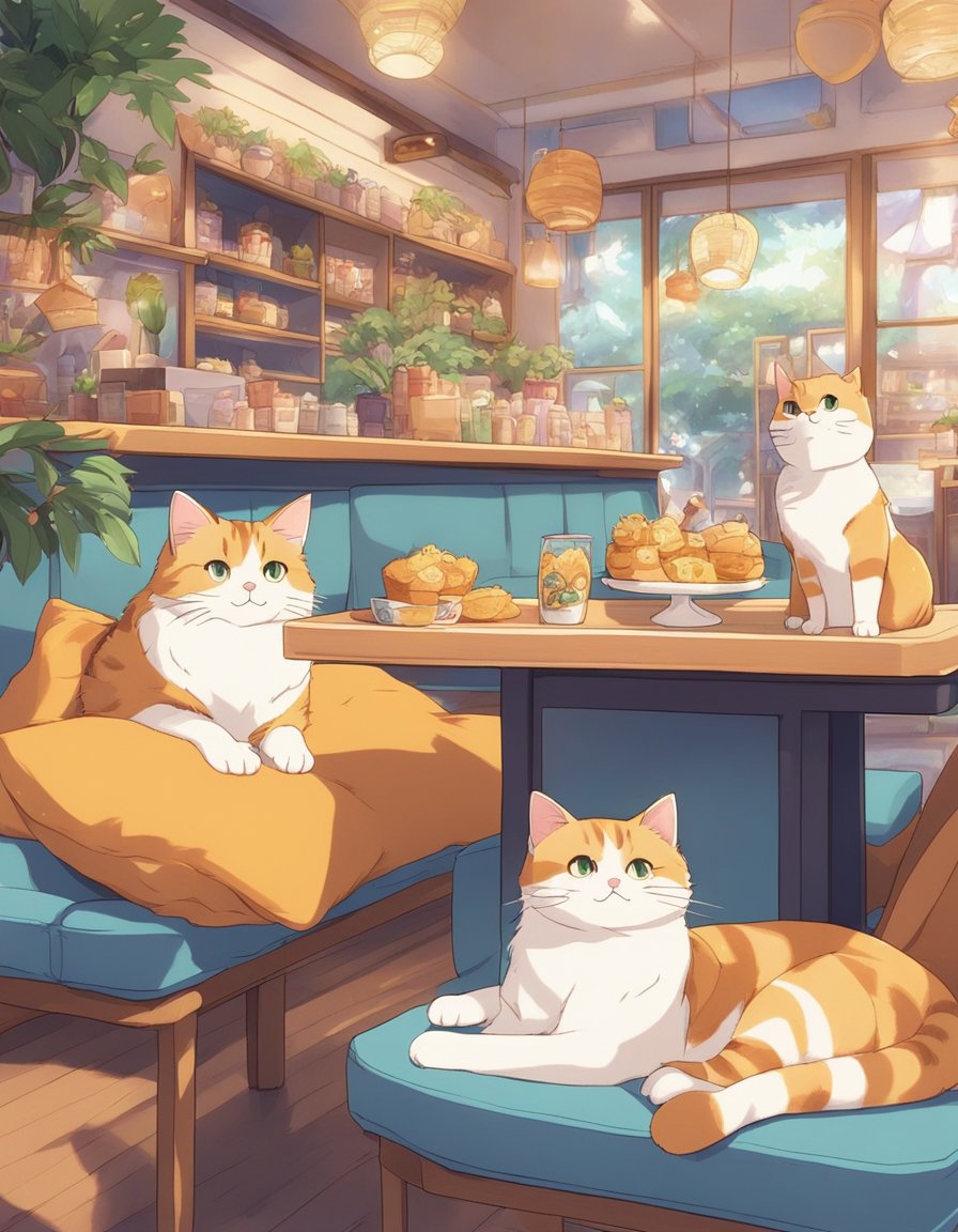 Cats lounge on cozy cushions in a cafe, surrounded by cat-themed decorations and enjoying cat-inspired treats