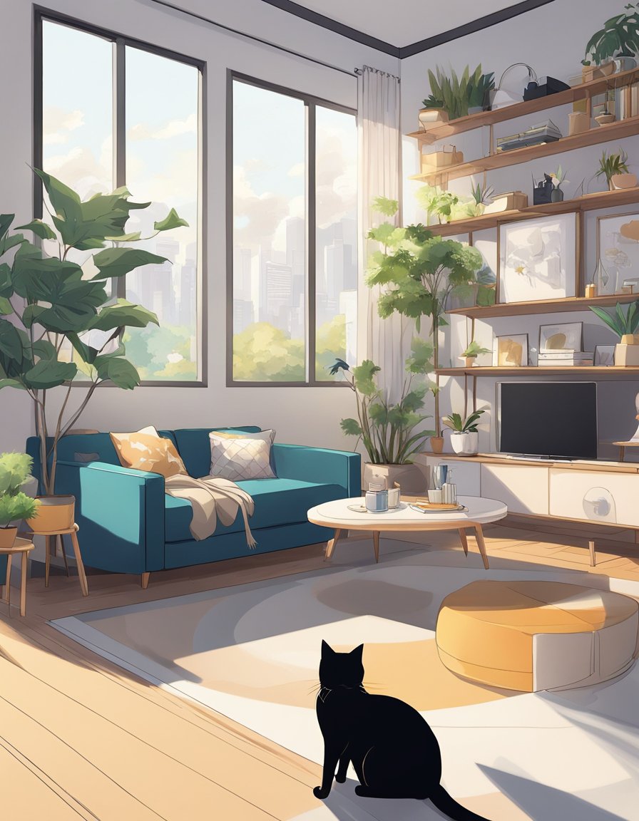 A cat sits in a modern, stylish living room surrounded by sleek, designer cat furniture and accessories.</p><p>The space is filled with trendy, functional items tailored to the cat's lifestyle