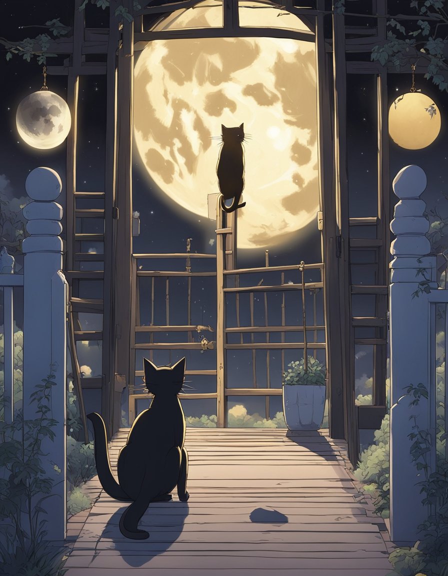 A black cat crosses a path under a full moon, while a broken mirror lies nearby.</p><p>A ladder leans against a wall, with a horseshoe hanging above