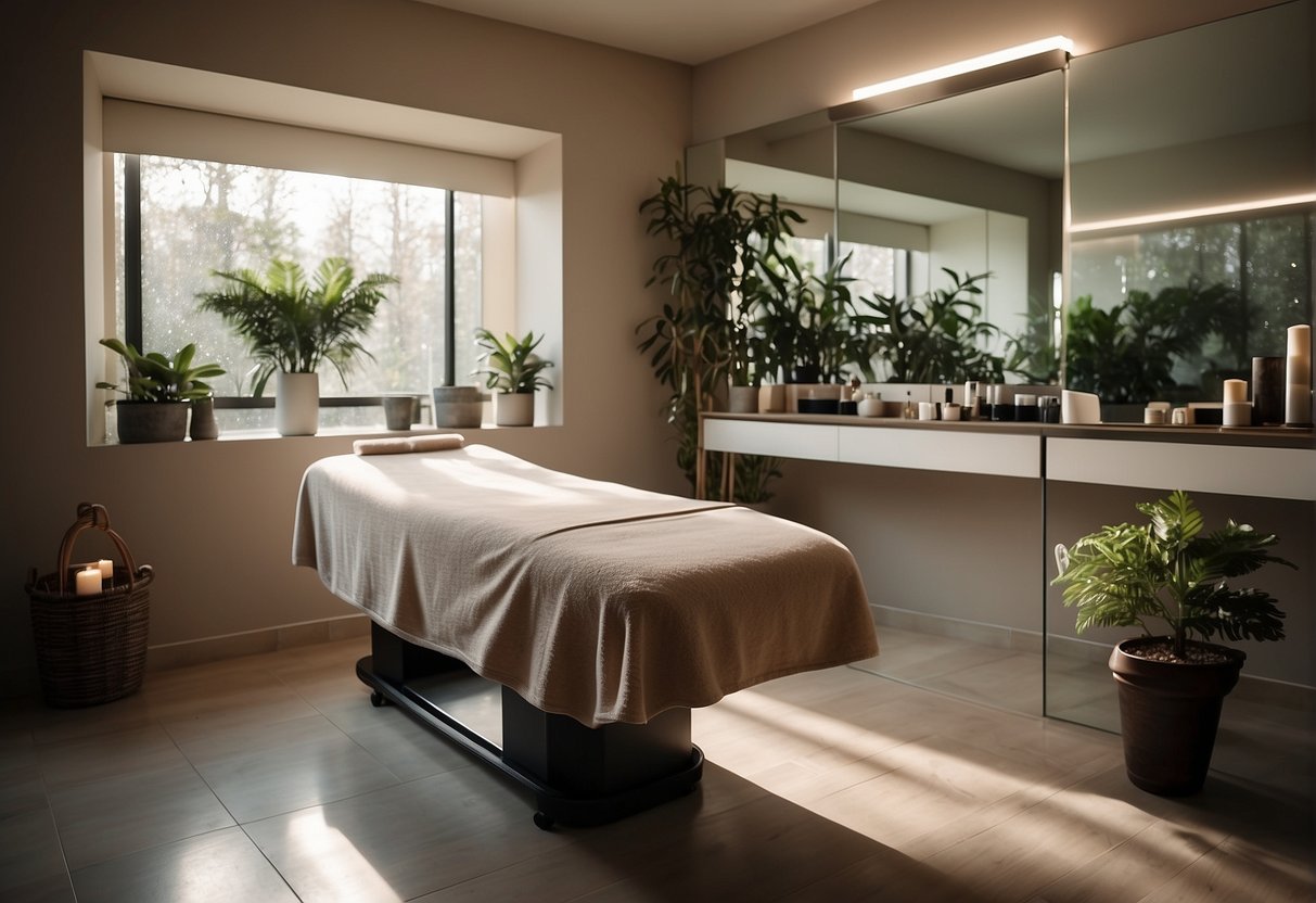 A serene and clean spa room with a laser machine, focusing on the face area, with a soothing ambiance