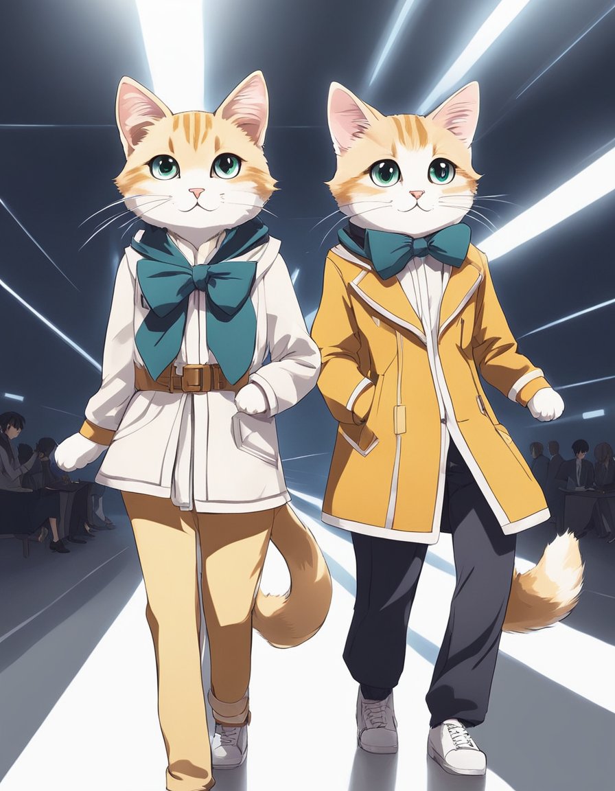 Two elegant cats wearing matching fashion outfits, walking on a runway with a spotlight shining on them