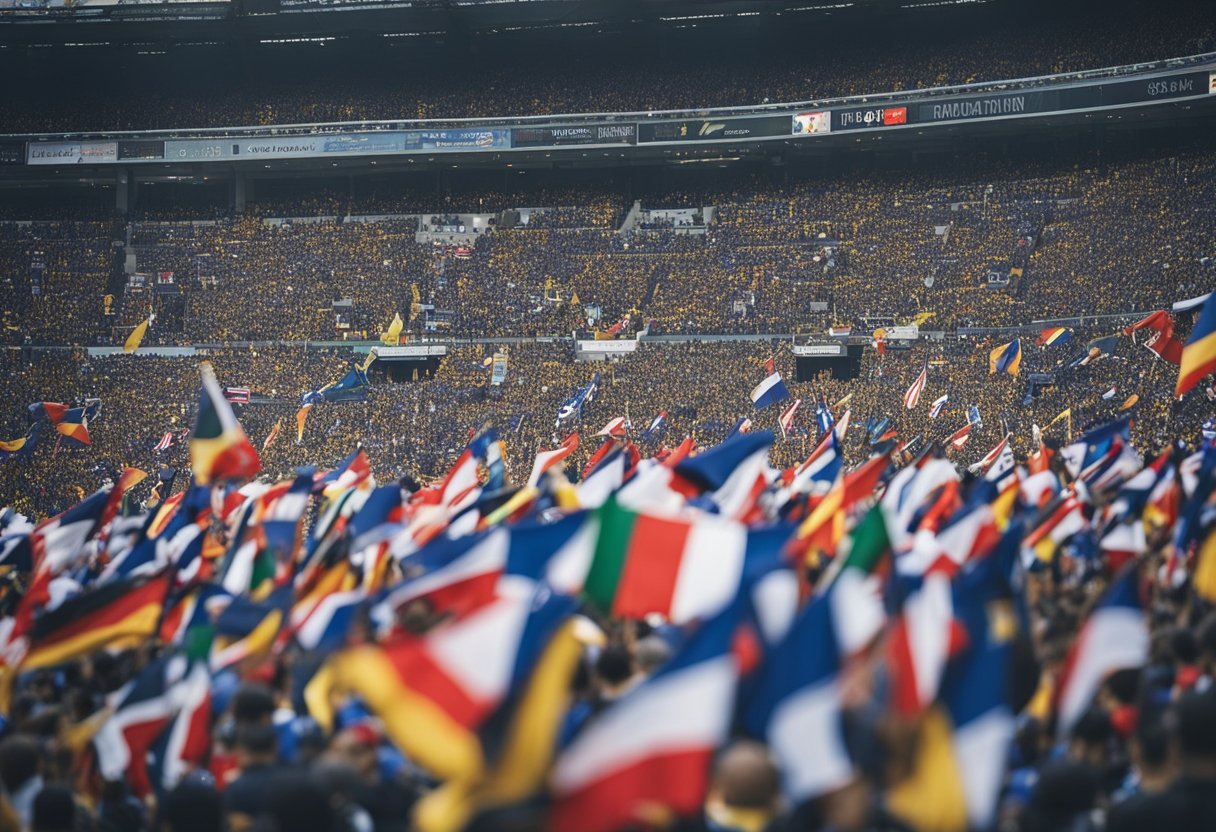 A crowded stadium with flags from around the world, players in modern, sleek uniforms, and advanced technology on the field