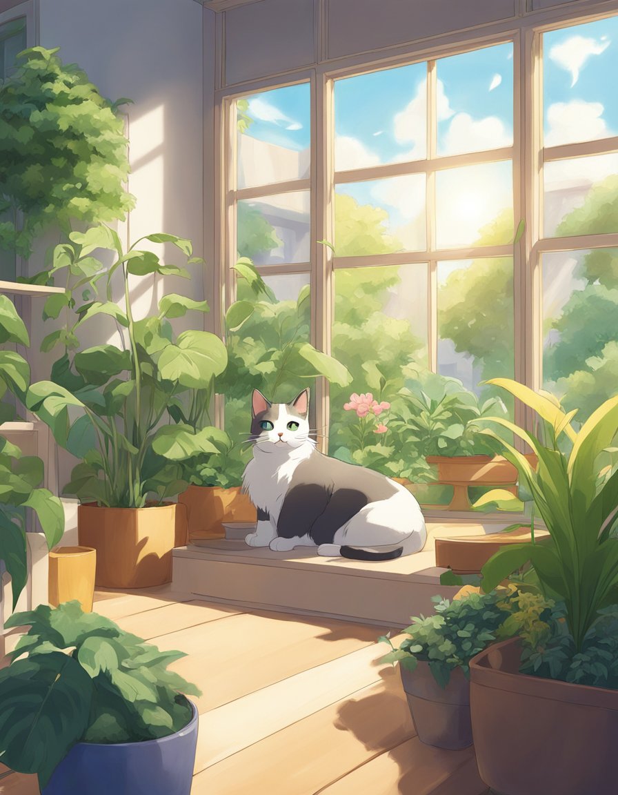 A cat lounges in a sunlit room with a plant-filled window, eco-friendly litter box, and sustainable toys