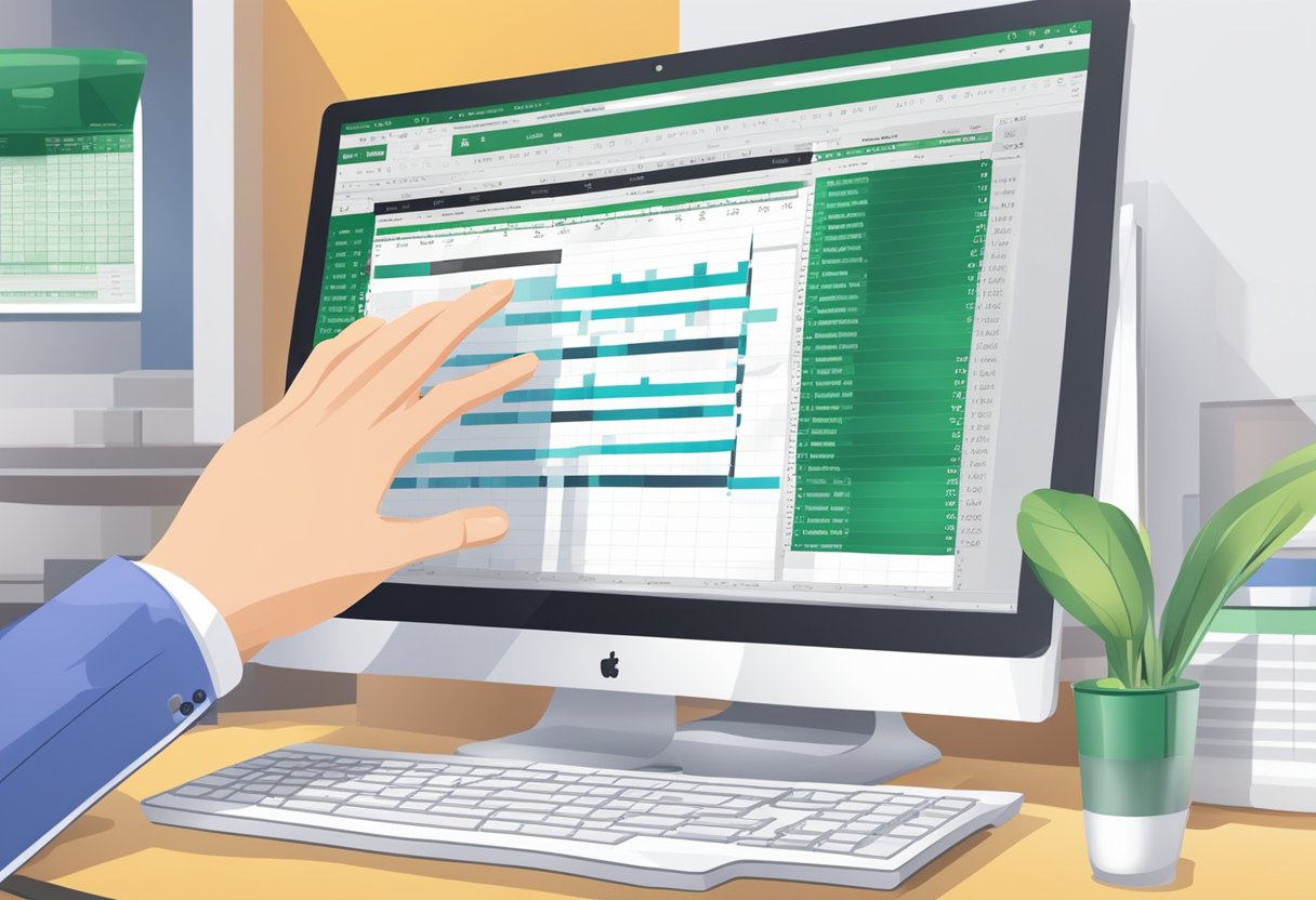 A computer screen displaying an Excel spreadsheet with the page layout settings open, a printer in the background, and a hand reaching for the print button