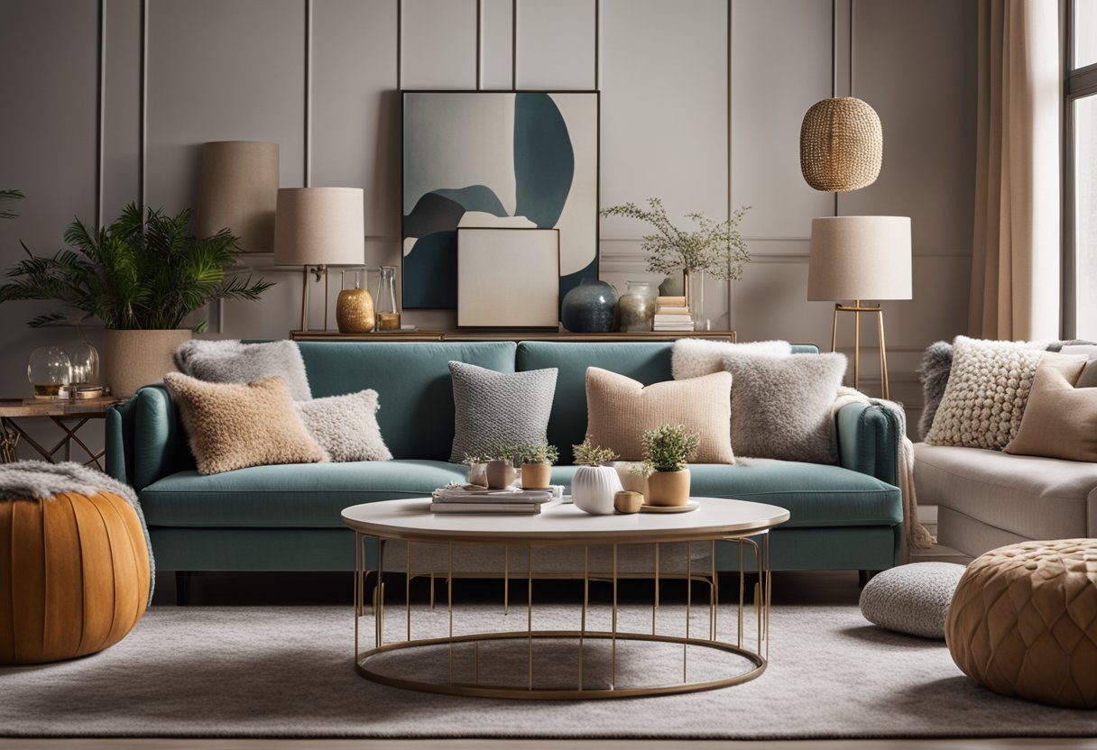A cozy living room with a plush sofa adorned with carefully arranged throw pillows in various textures and colors, creating a stylish and inviting atmosphere