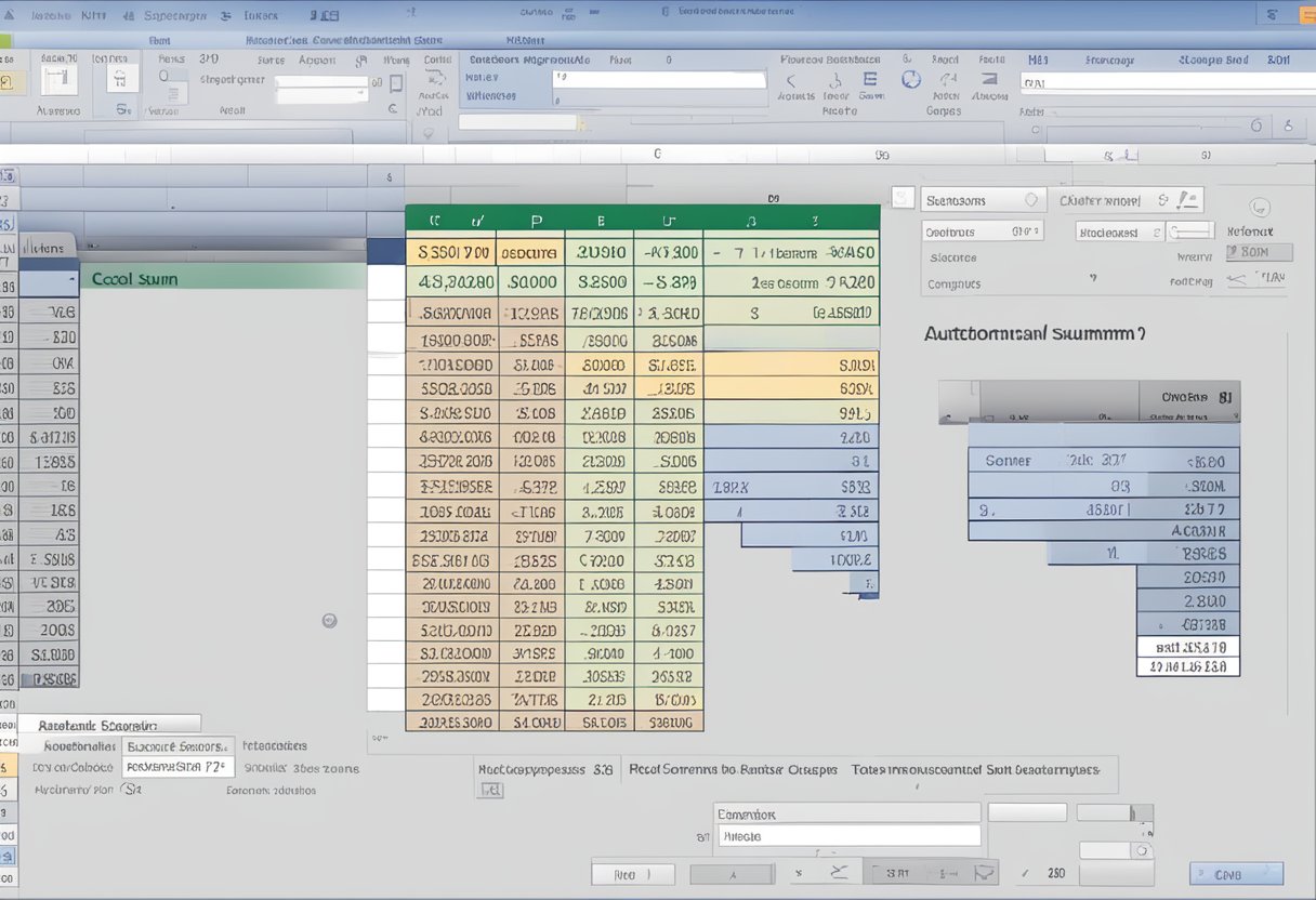 An Excel spreadsheet with a highlighted column of numbers, a cursor hovering over the "AutoSum" button in the toolbar