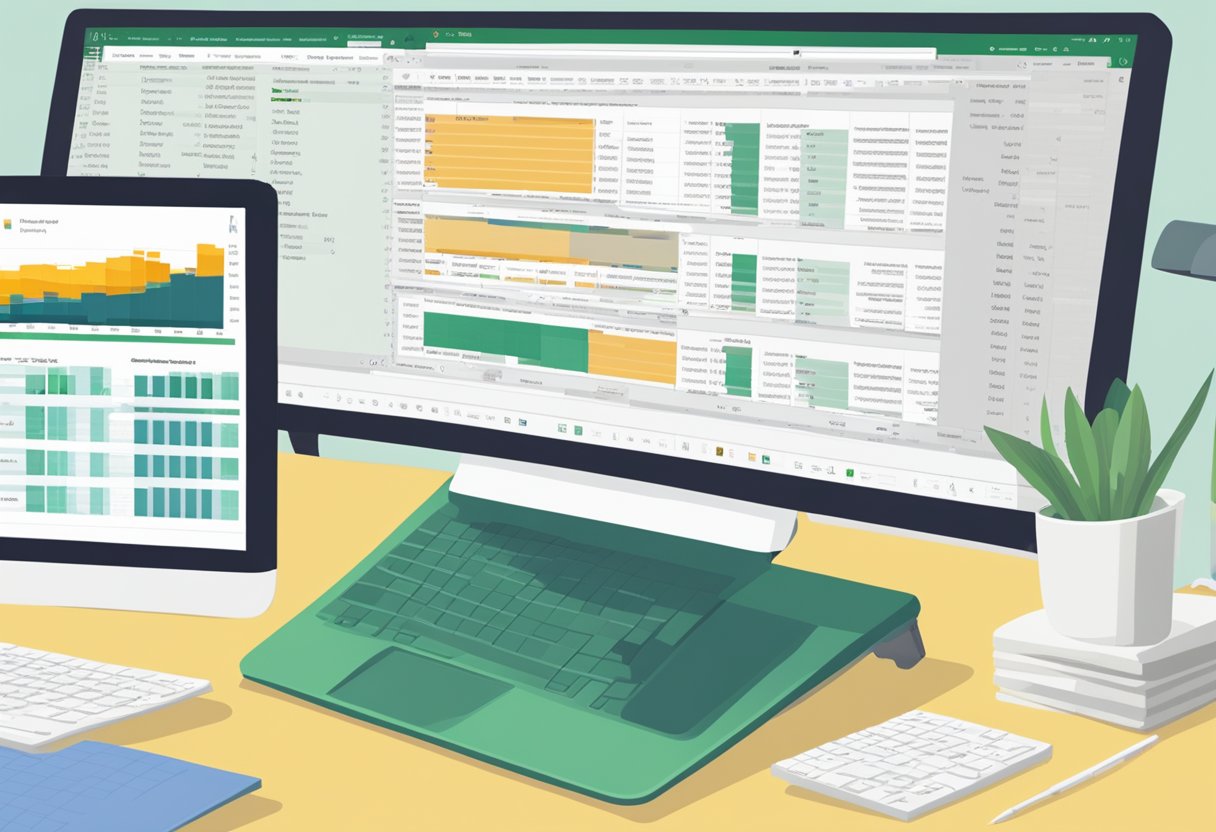A computer screen displaying a website, with an Excel spreadsheet open beside it. A series of automated scripts and tools are shown extracting data from the website and populating the spreadsheet