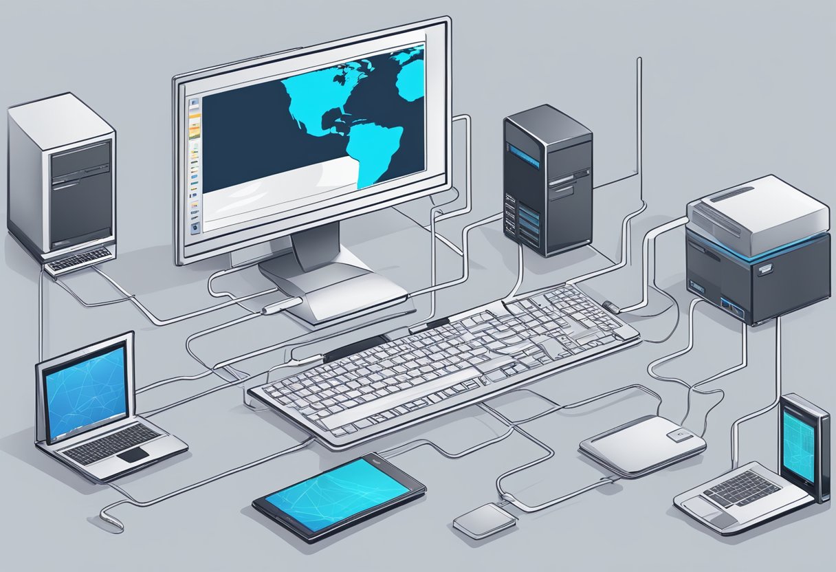 A computer with a static IP address highlighted, surrounded by various devices connected to the internet