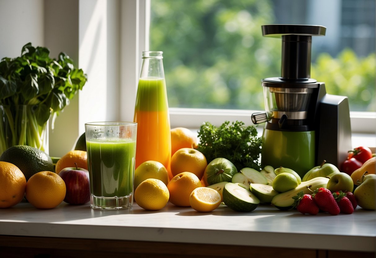 Fresh fruits and vegetables arranged on a kitchen counter, with a juicer and glass of vibrant green juice. Sunlight streams in from a window, casting a warm glow on the scene