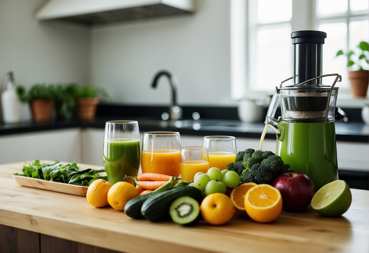 A colorful array of fresh fruits and vegetables, a juicer, and a glass of vibrant green juice on a kitchen counter