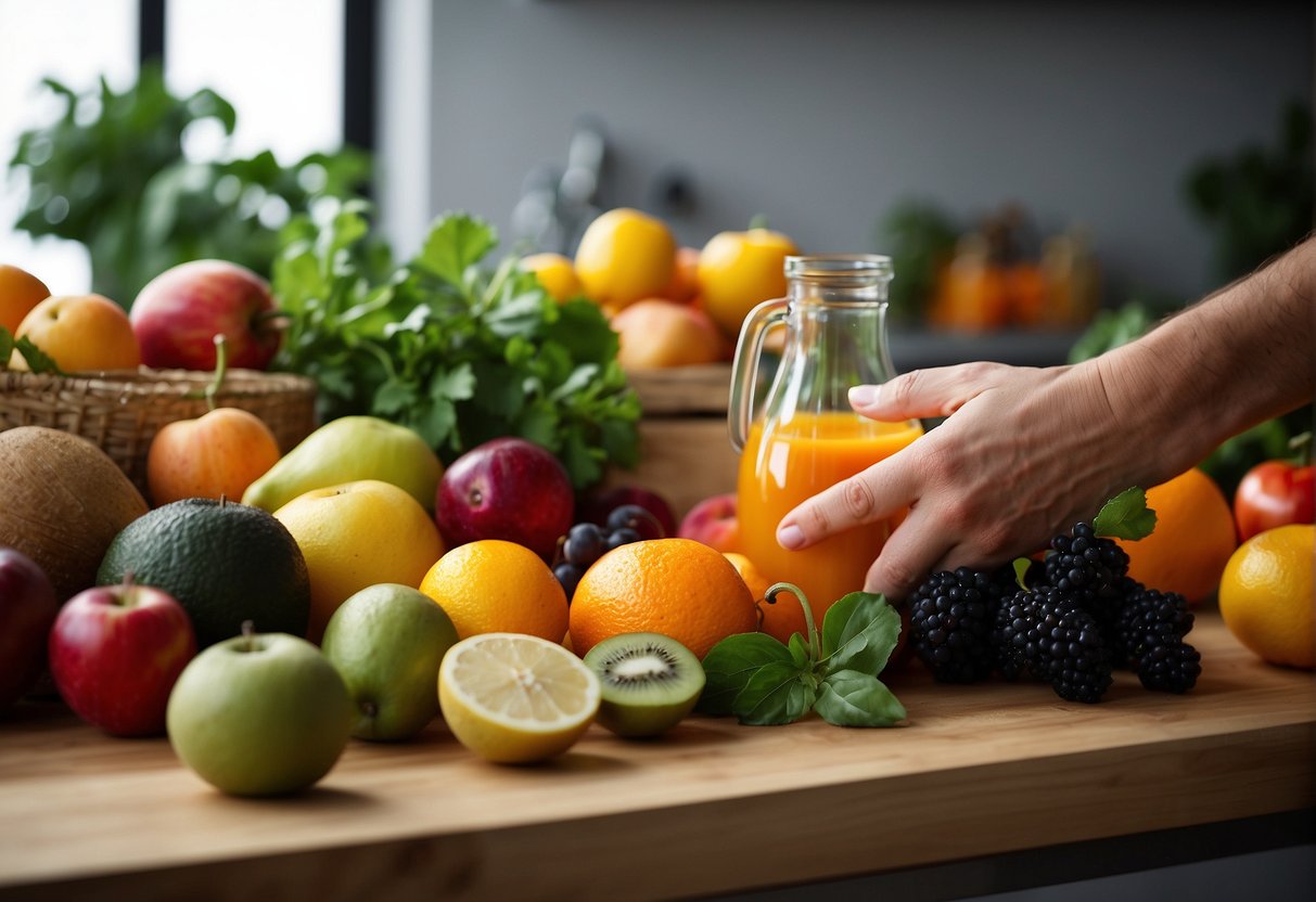 A hand reaching for vibrant fruits and vegetables, with a backdrop of fresh produce and a juicer ready for use