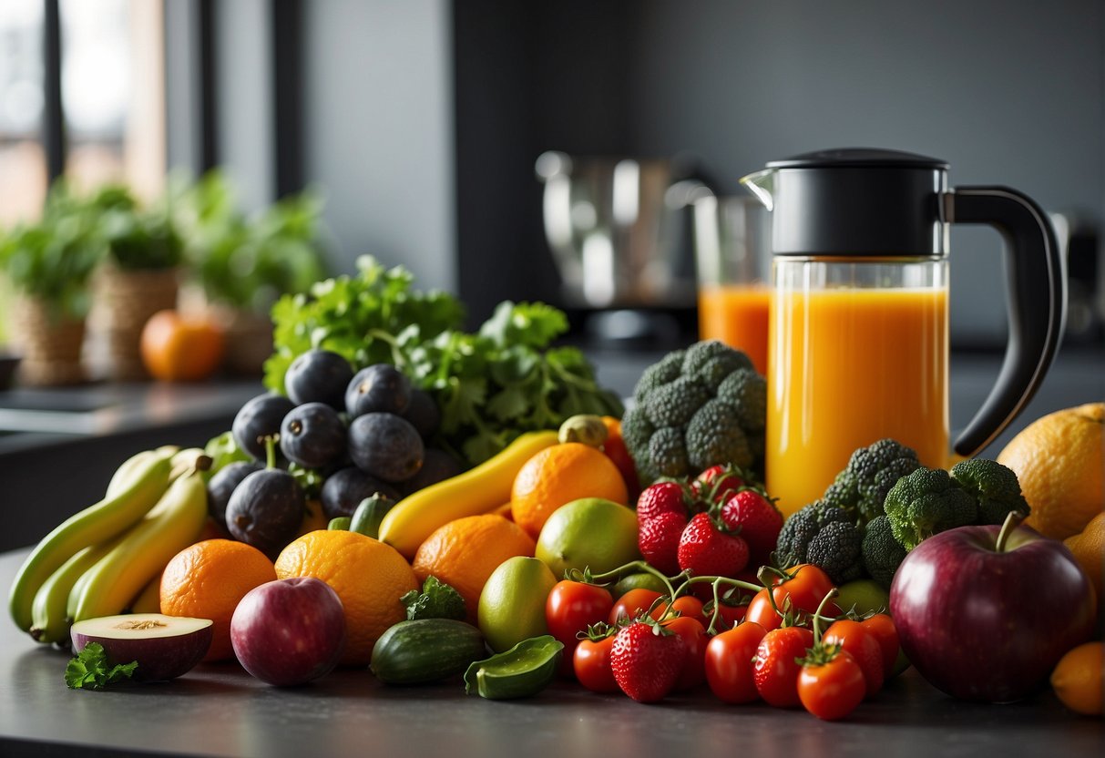 Fresh fruits and vegetables arranged on a clean kitchen counter, with a juicer and various ingredients for crafting an energy-boosting recipe