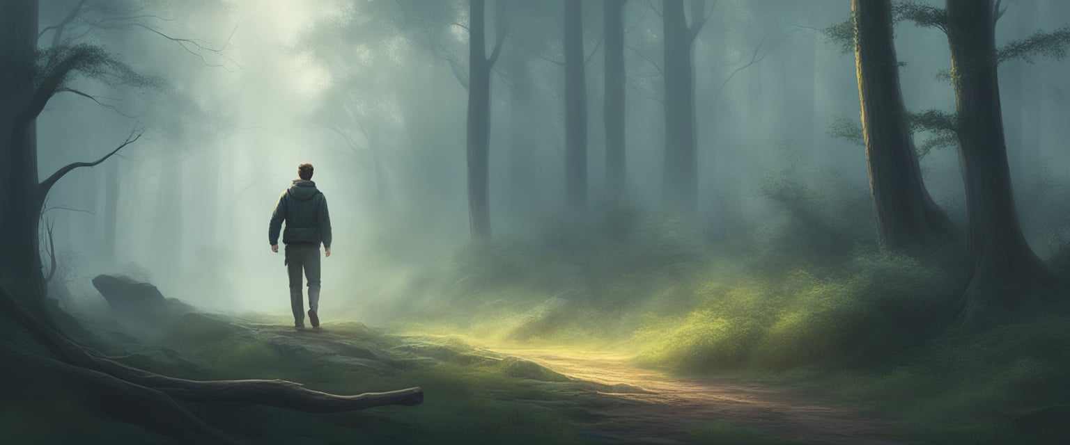 A figure emerges from a misty forest, exuding confidence and power. The air crackles with energy as the presence of the person becomes undeniable