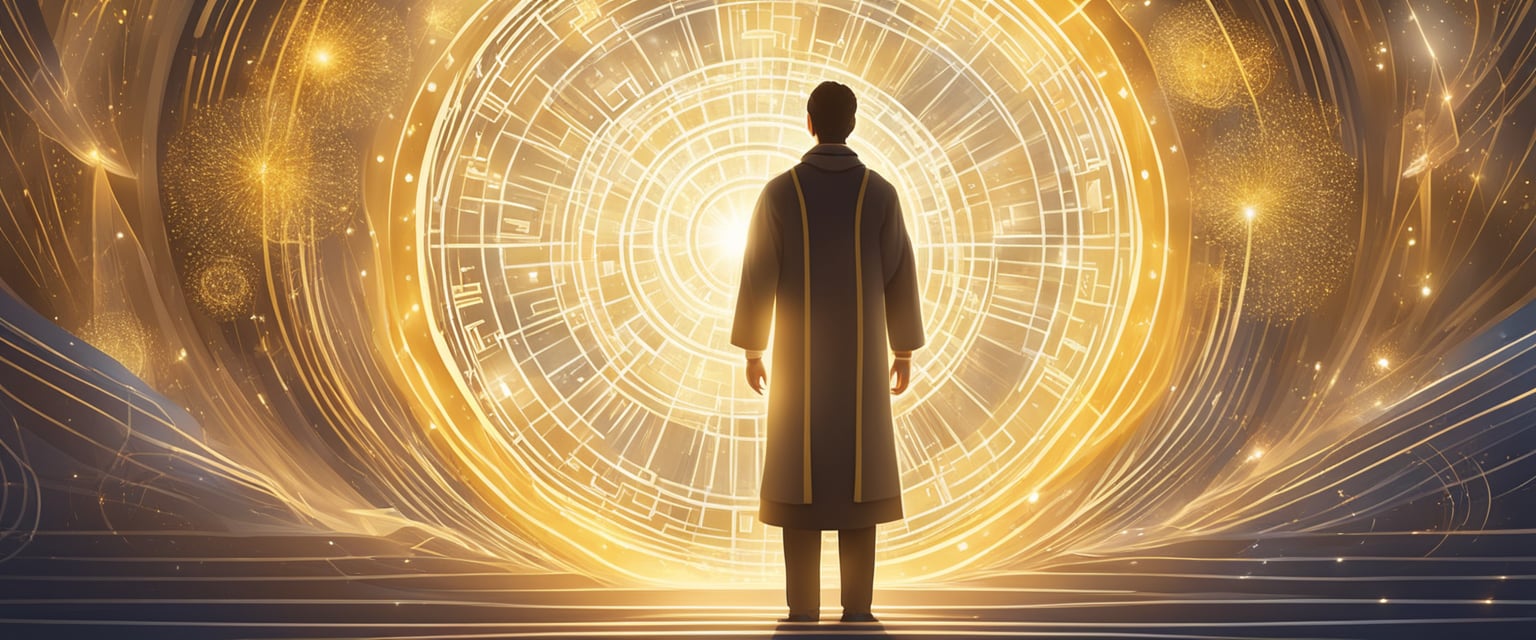 A bright light radiates from a figure surrounded by symbols and affirmations, as energy flows towards a specific person