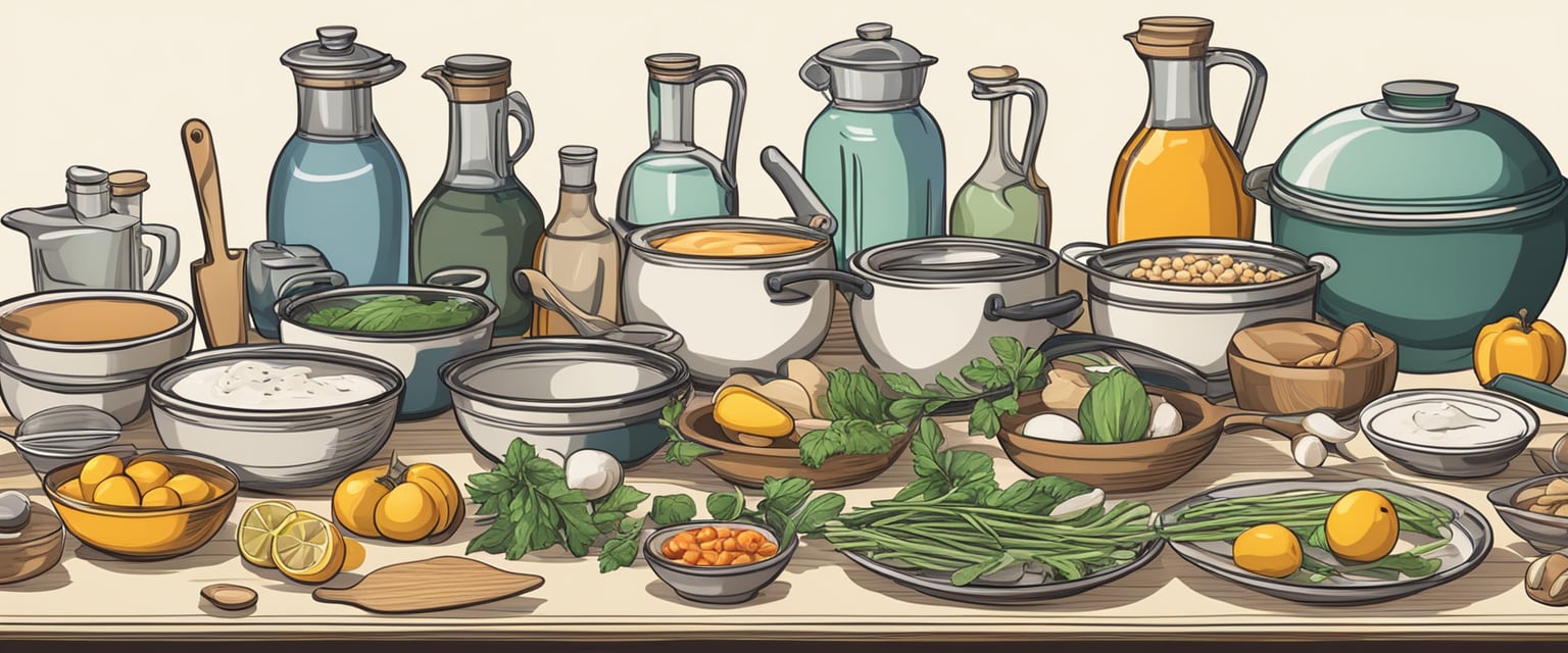 A table set with various cooking utensils and ingredients arranged in an organized manner