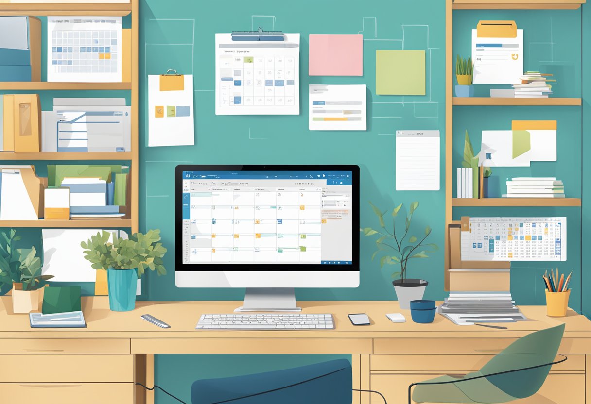 A computer screen displaying Outlook Calendar with a highlighted option to block out time slots, surrounded by a clutter-free desk and a focused atmosphere