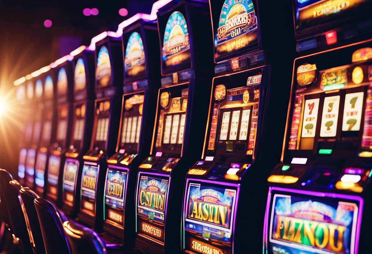 Brightly lit casino with digital screens flashing "fast payout" and "online" in Australia. Players eagerly cash out winnings at various slot machines