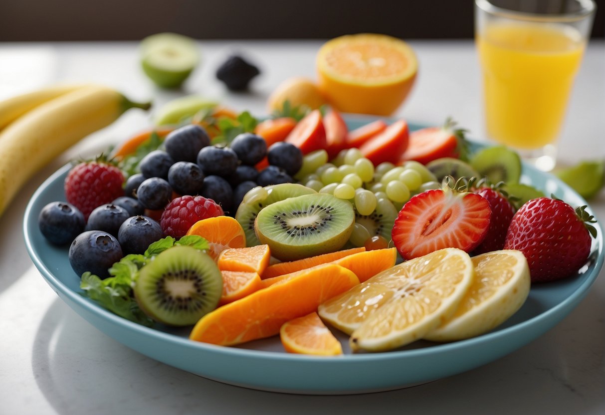 A colorful plate with a variety of fruits, vegetables, whole grains, and lean proteins, surrounded by a glass of water and a measuring tape