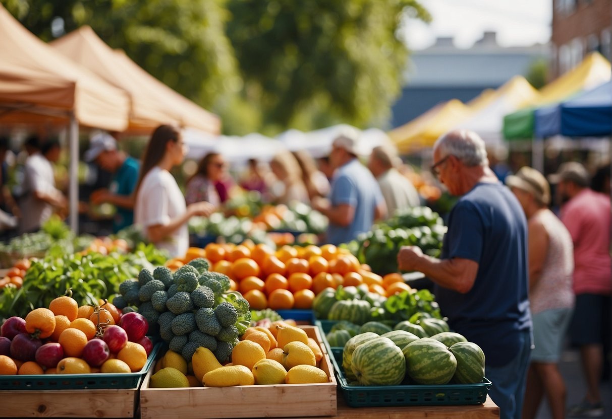 A vibrant farmers market with colorful fruits, vegetables, and herbs displayed on tables, surrounded by people enjoying healthy food and engaging in wellness activities