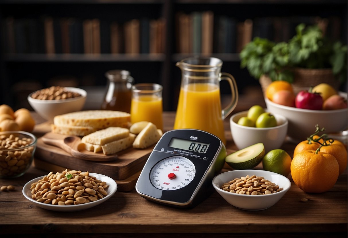 A table with various food groups, a scale, and a measuring cup, surrounded by books on nutrition and wellness