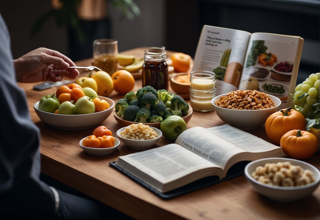 A table with a variety of healthy foods and a person reading a nutrition and wellness guide