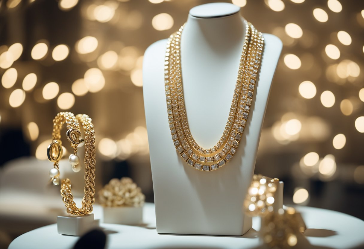 A display of Chanel jewelry gleams under soft lighting, showcasing elegant necklaces, bracelets, and earrings