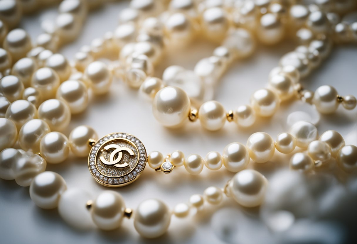 A display of iconic Chanel jewelry, showcasing pearls, diamonds, and signature interlocking Cs