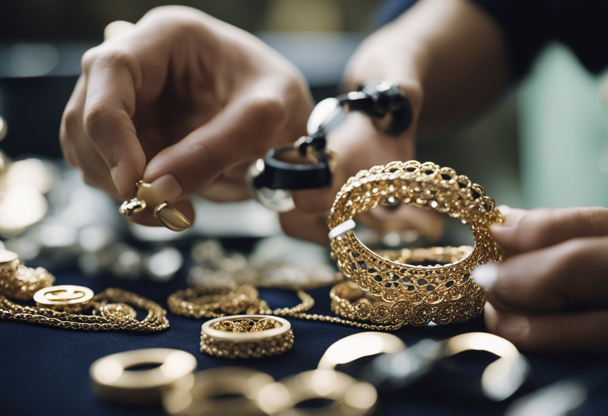 A jeweler meticulously crafts a Chanel necklace, using exquisite materials and precision techniques