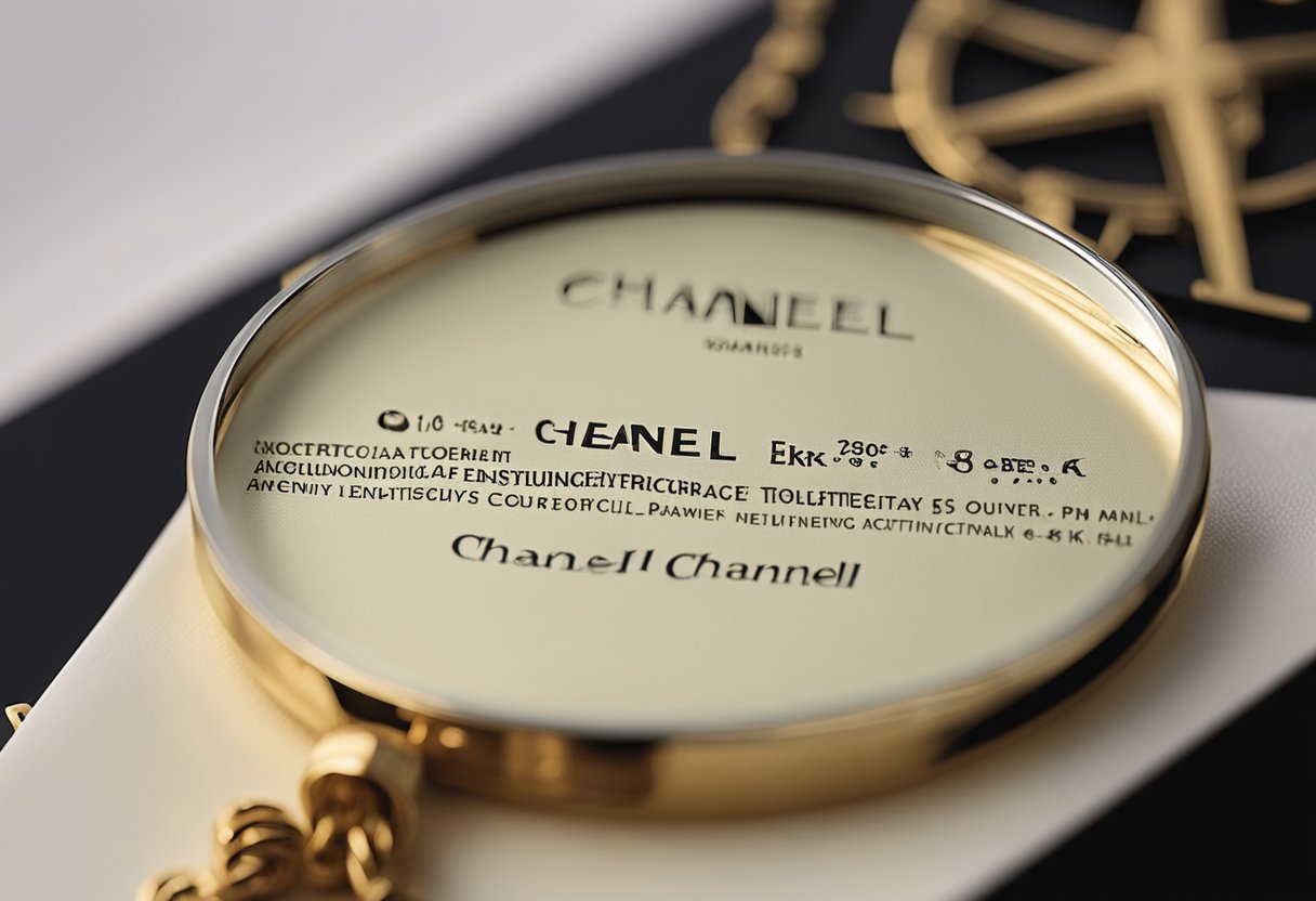 A magnifying glass hovers over a small, intricate Chanel logo on a piece of jewelry, with a certificate of authenticity in the background