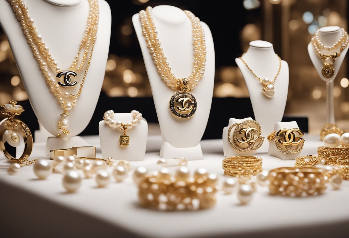 A display of iconic Chanel jewelry, showcasing trends like pearls and interlocking CC logos, set against a luxurious backdrop