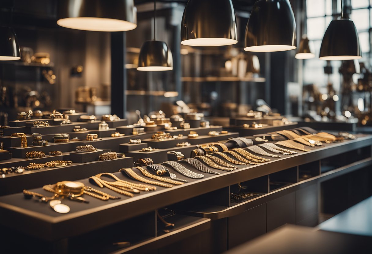 A sleek, modern workshop filled with tools and precious metals. A display of exquisite jewelry pieces showcases the timeless elegance of Hermès craftsmanship