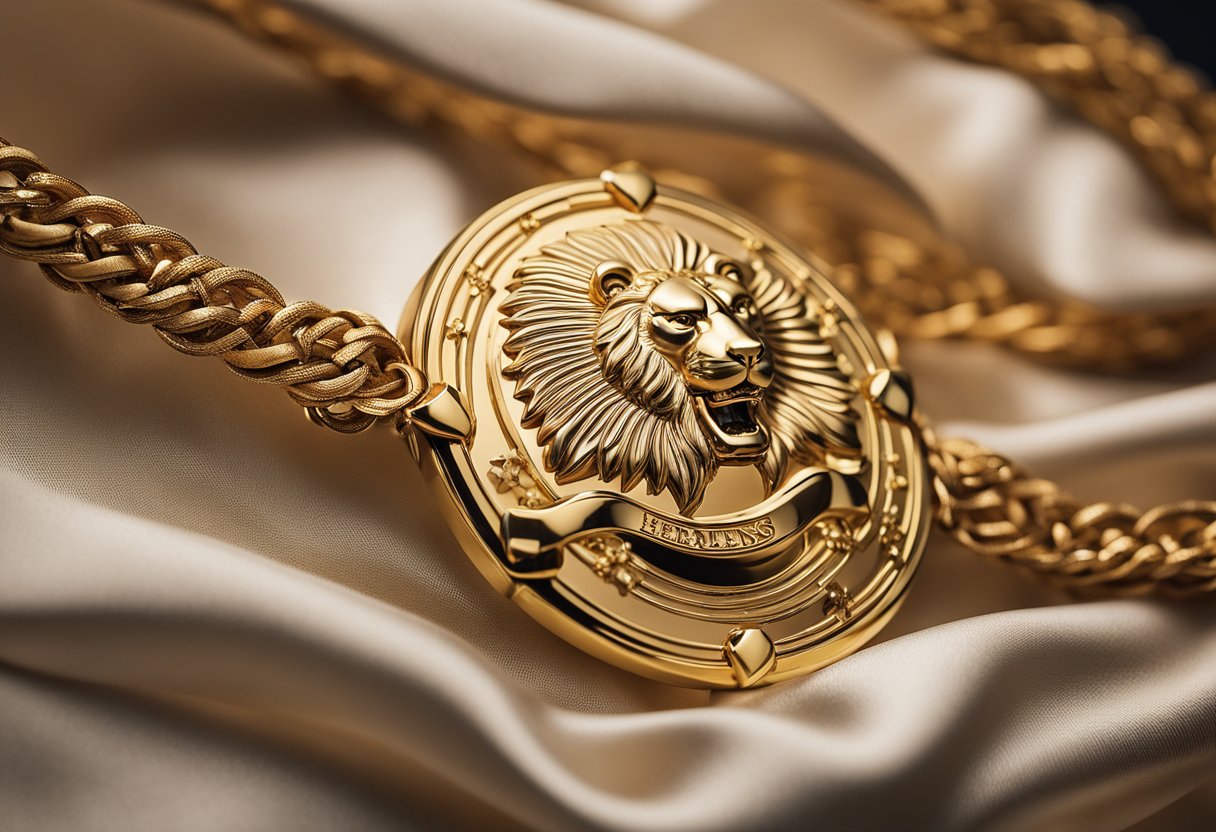 A regal lion emblem adorns a luxurious silk scarf, surrounded by intricate gold jewelry and elegant leather goods. The scene exudes timeless elegance and craftsmanship, capturing the essence of the Hermès brand