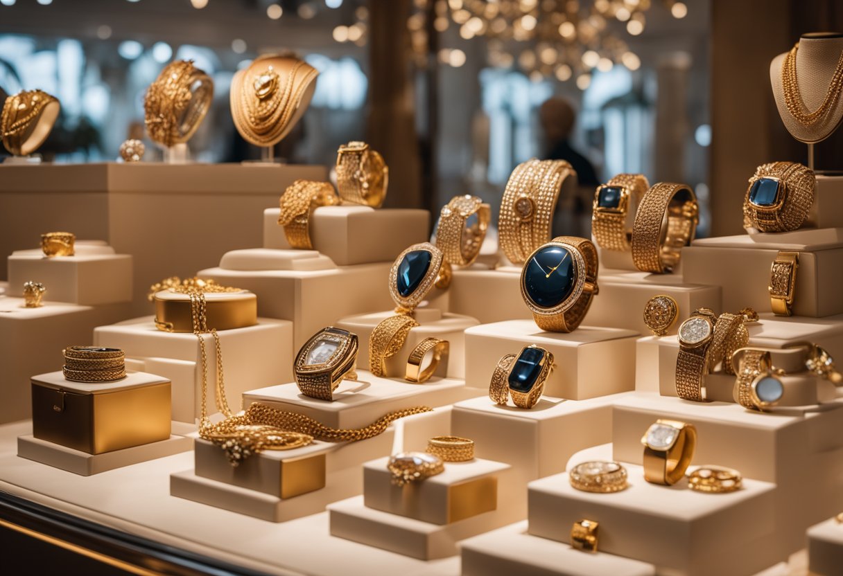 A luxurious display of Hermès jewelry, featuring intricate designs and exquisite craftsmanship, set against a backdrop of opulent surroundings and elegant decor