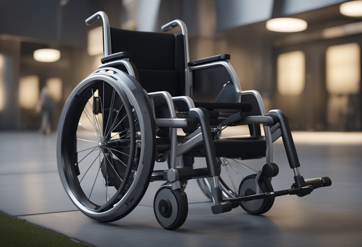 A wheelchair sits unfolded, wheels locked. User attempts to fold it, but encounters resistance. They inspect the locking mechanism and attempt to release it, but the wheelchair remains unfolded