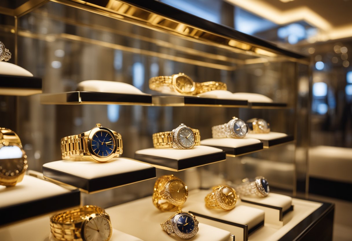 A luxurious display of Bvlgari jewelry and watches gleams under soft golden lighting in an opulent glass showcase